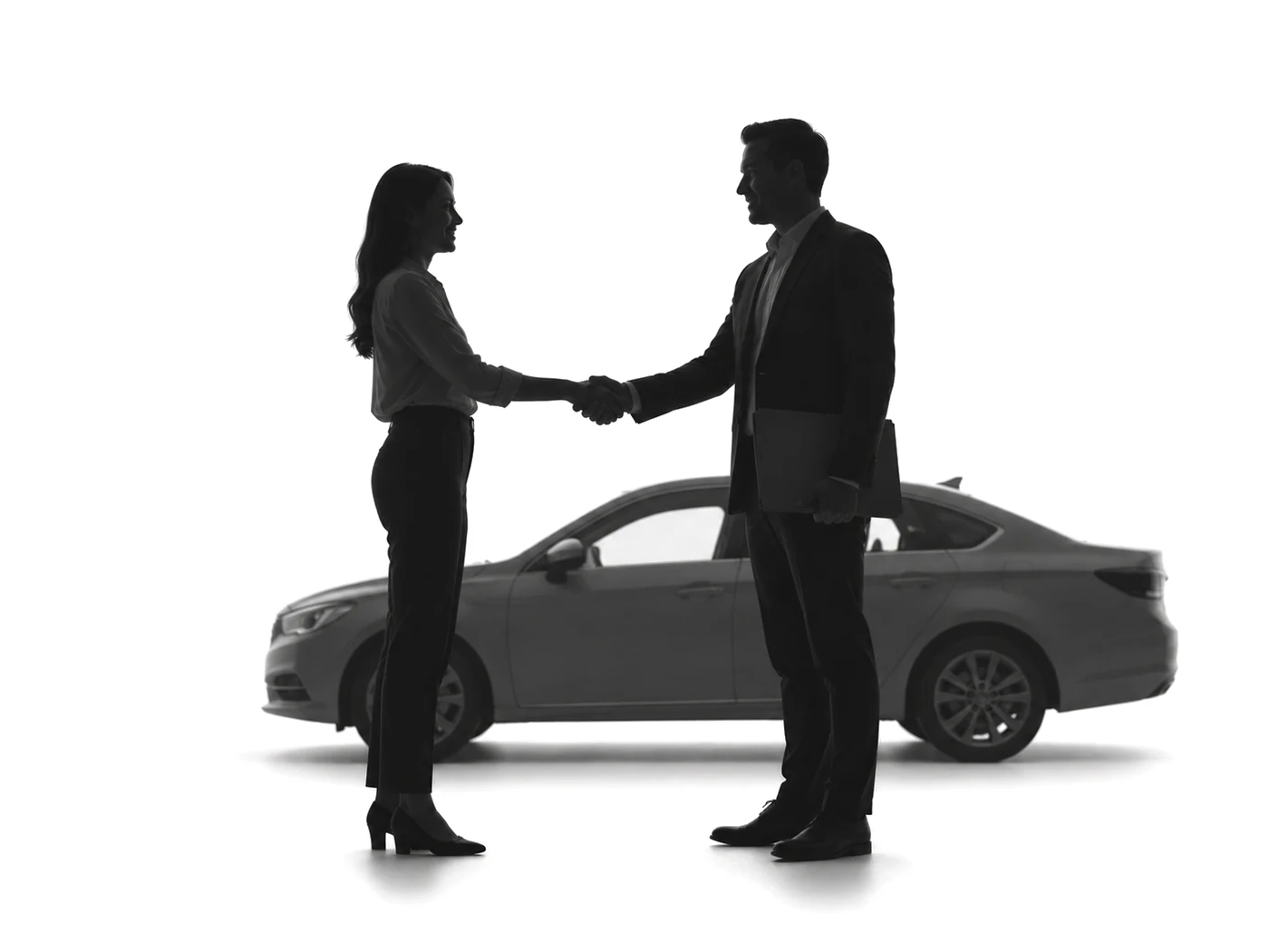 Silhouettes of two people shaking hands beside a car